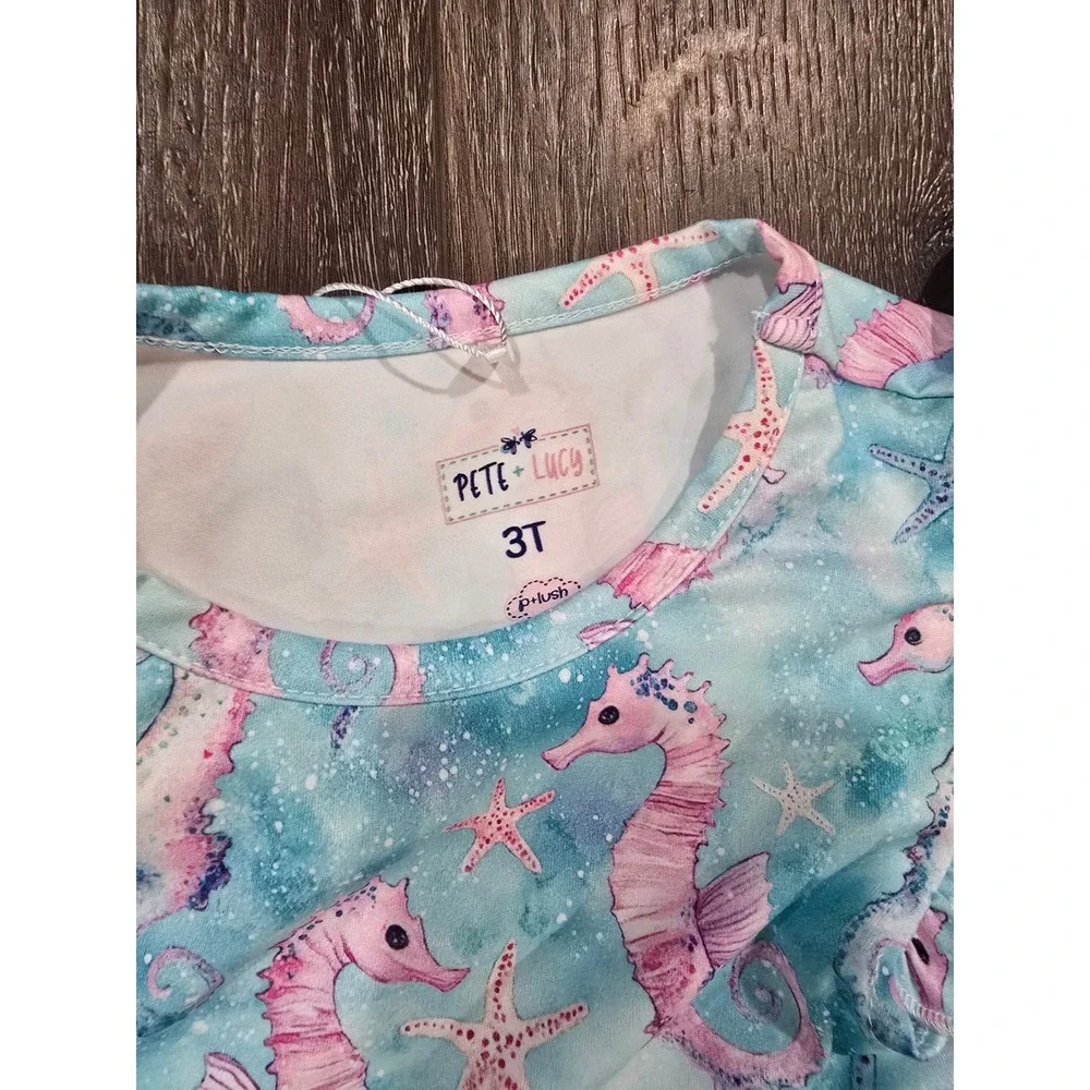 Pete + Lucy Girls 3T Seahorse Starfish Tunic Top and Ruffle Shorts Set P+lush
